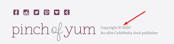 Pinch of Yum website footer with copyright notice highlighted