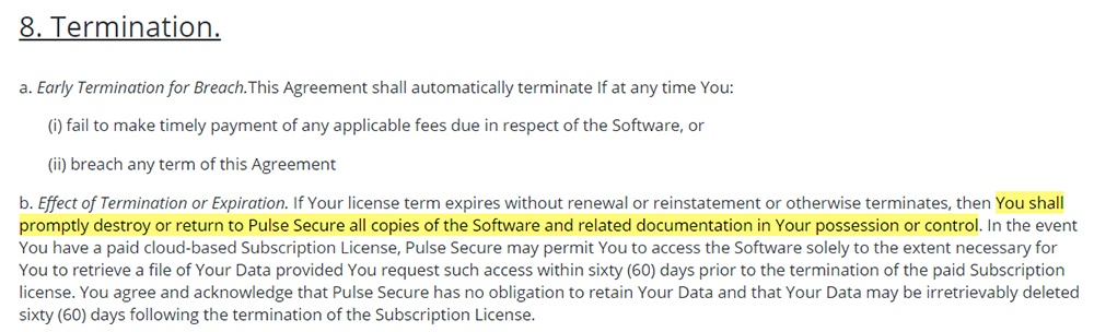 PulseSecure EULA: Termination clause