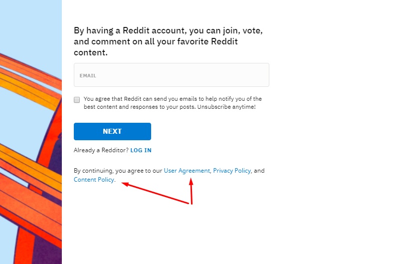 Reddit account sign-up page with User Agreement and Content Policy highlighted