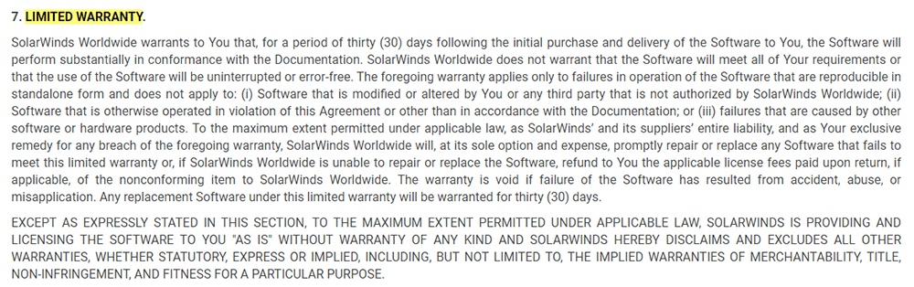 SolarWinds EULA: Limited Warranty clause