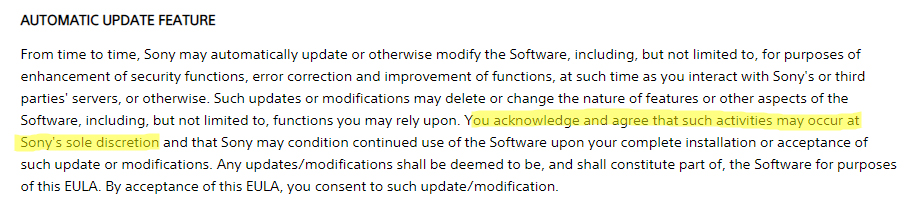 Sony EULA: Automatic Update Feature clause