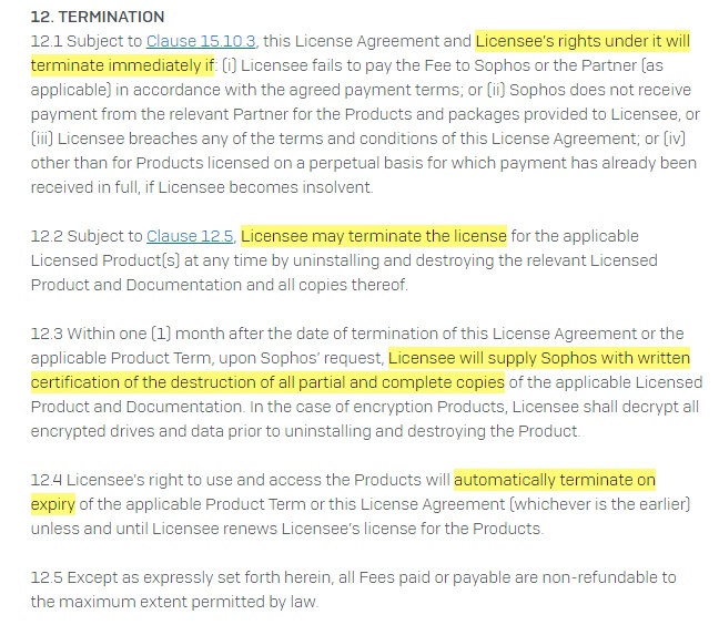 Sophos EULA: Termination clause