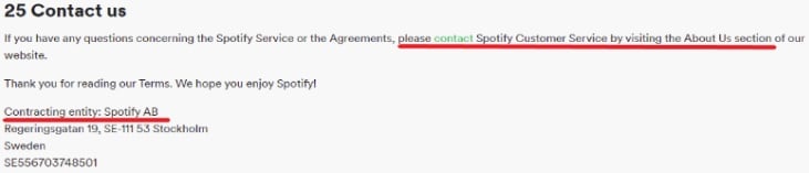 Spotify UK Terms and Conditions: Contact Us clause