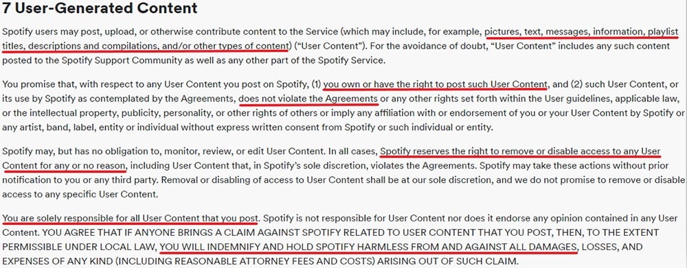 Spotify UK Terms and Conditions: User-Generated Content clause