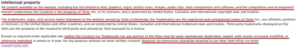 Tarte Cosmetics Terms and Conditions: Intellectual Property clause