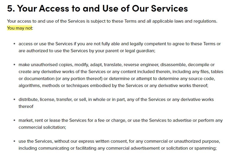 TikTok Terms of Service: Excerpt of Your Access to and Use of Our Services clause