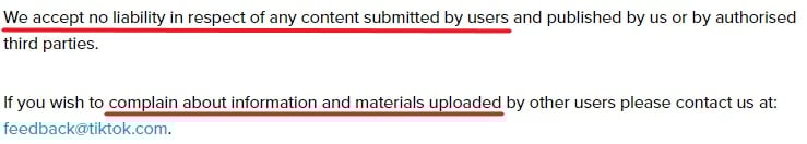 TikTok Terms of Service: No liability for user-generated content and complaint contact information section