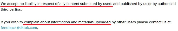 TikTok Terms of Service: No liability for user-generated content and complaint contact information section