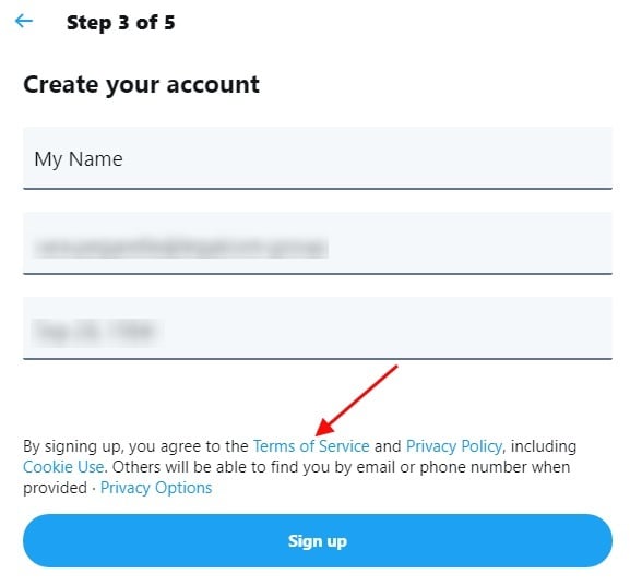 Twitter sign-up form with Terms of Service highlighted