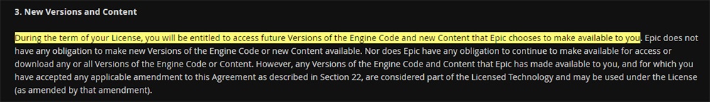 Unreal Engine EULA: New Versions and Content clause