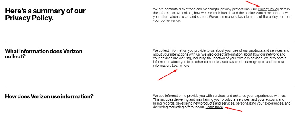 Verizon Privacy Policy- Summary Excerpt