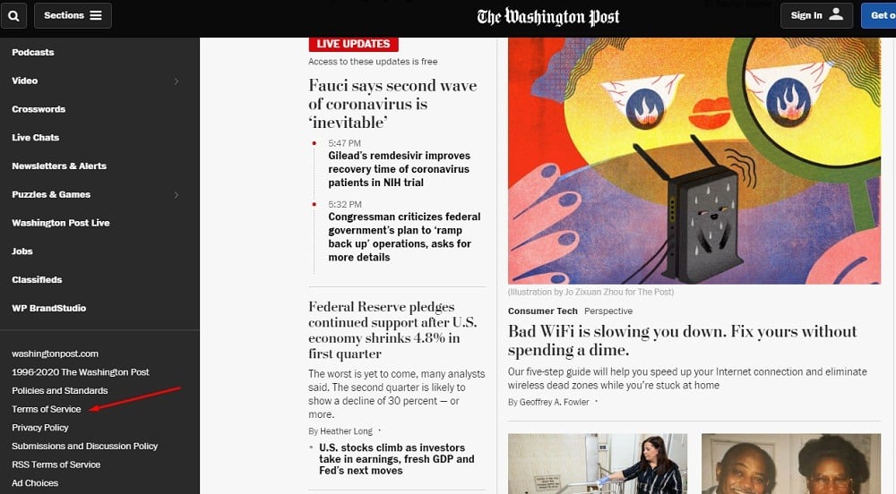 Washington Post homepage with Terms of Service link highlighted