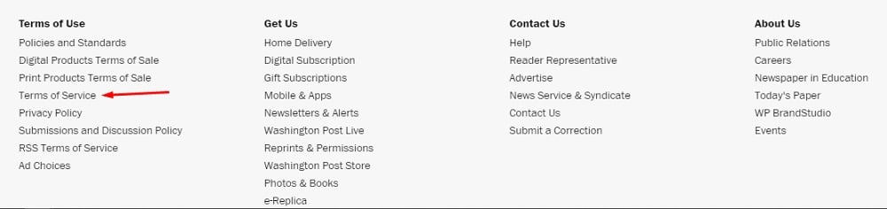 Washington Post website footer with Terms of Service highlighted