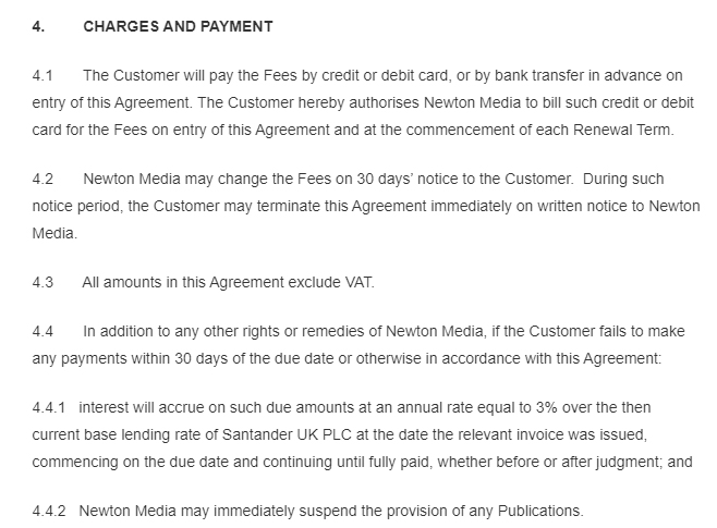 World IP Review Terms of Subscription: Charges and Payment clause