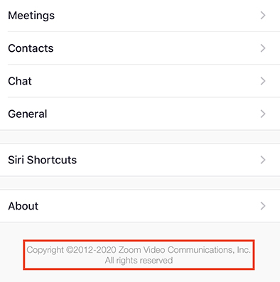 Zoom app Settings menu with copyright notice highlighted