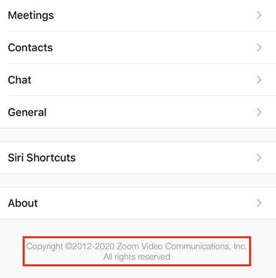 Zoom app Settings menu with copyright notice highlighted