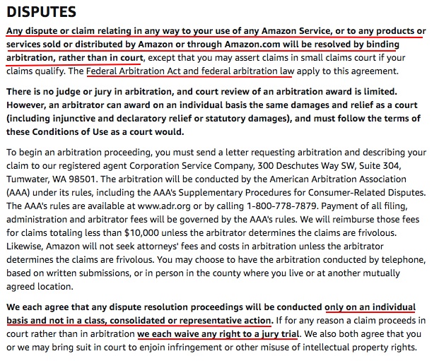 Amazon Conditions of Use: Disputes clause