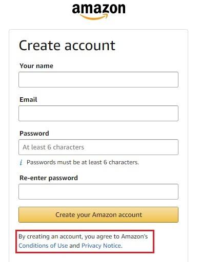 Amazon Create Account form with Conditions of Use and Privacy Notice highlighted
