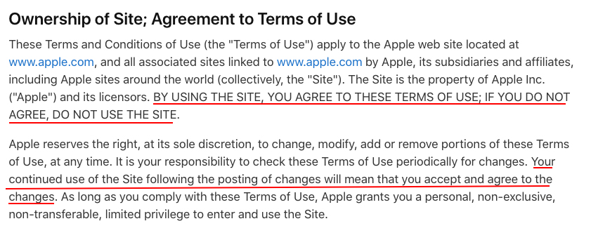 Apple Website Terms of Use: Ownership of Site and Agreement to Terms of Use clause