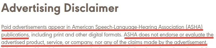 ASHA Advertising Disclaimer excerpt