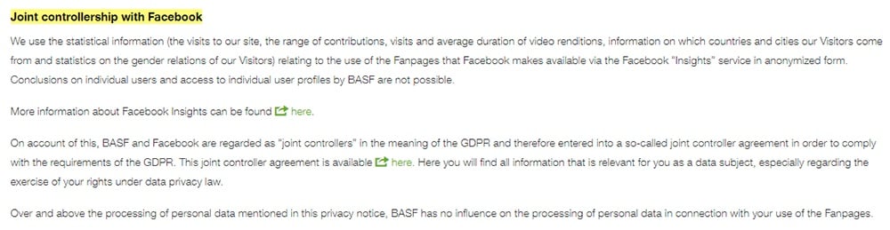 BASF Social Media Data Protection Policy: Joint controllership with Facebook clause