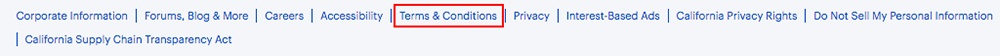 Best Buy website footer with Terms and Conditions link highlighted