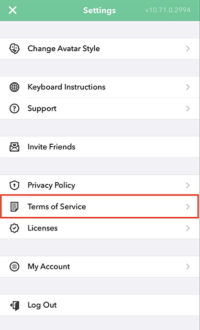 Bitmoji mobile app: Settings menu with Terms of Service link highlighted