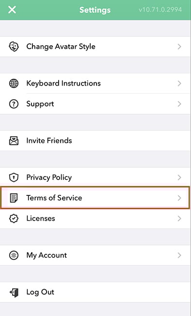 Bitmoji mobile app: Settings menu with Terms of Service link highlighted