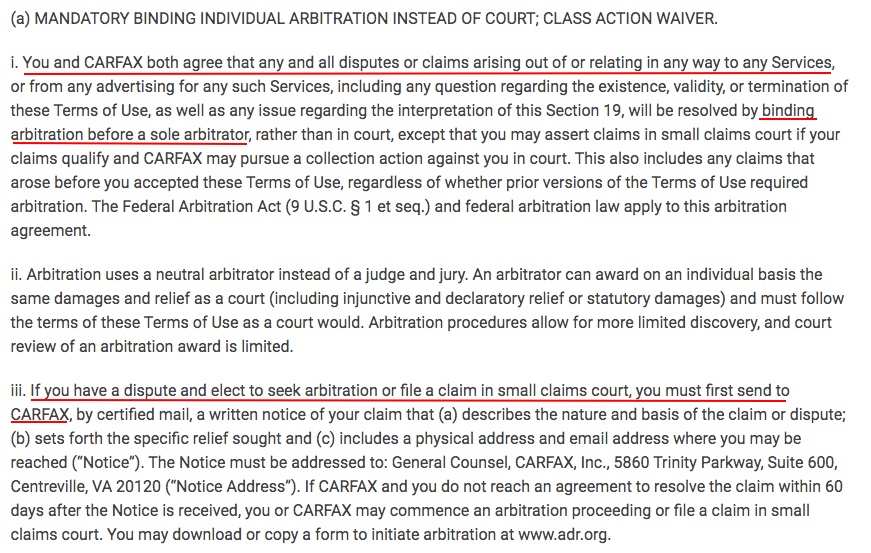 CARFAX Terms of Use: Arbitration clause