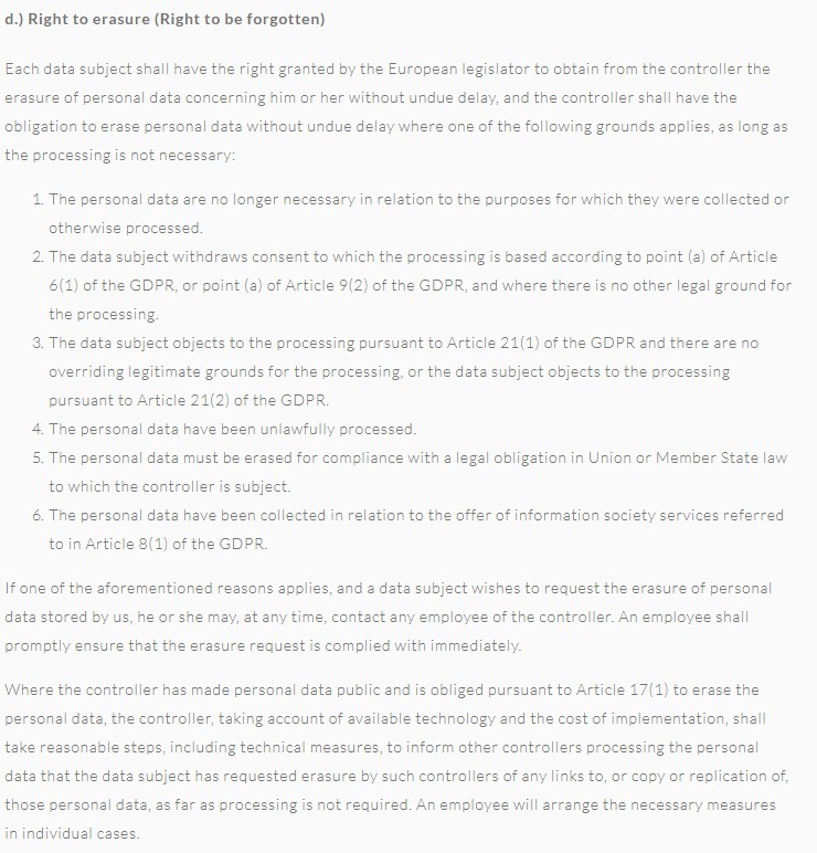 Department of Coffee Privacy Policy: Right to erasure clause