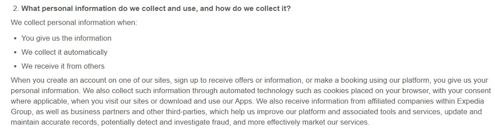 Expedia Privacy Statement: What personal information do we collect and use, and how do we collect it clause