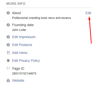 Facebook Page dashboard - More Info with Edit About highlighted