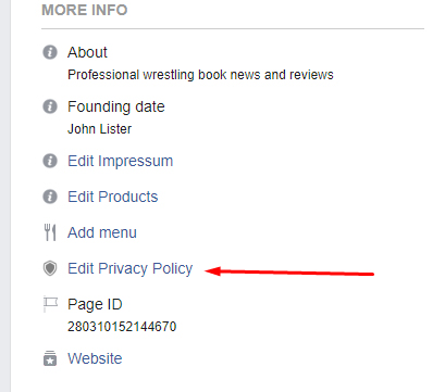 Facebook Page dashboard - More Info with Edit Privacy Policy highlighted
