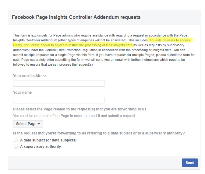 Screenshot of Facebook Page Insights Controller Addendum Requests form