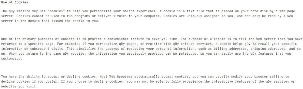 Good Dye Young Privacy Policy: Use of Cookies clause