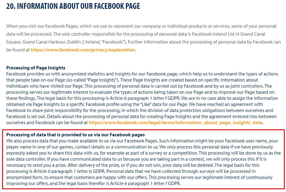 Good Game Studios Privacy Policy: Information about our Facebook Page clause with Processing data provided to us via Facebook Pages section highlighted