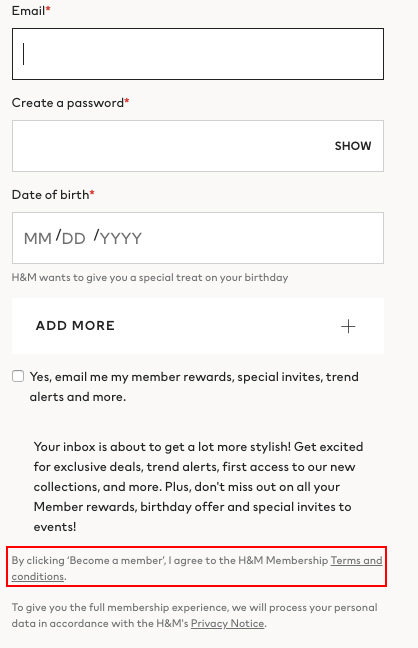 H and M Sign-up form with Terms and Conditions highlighted