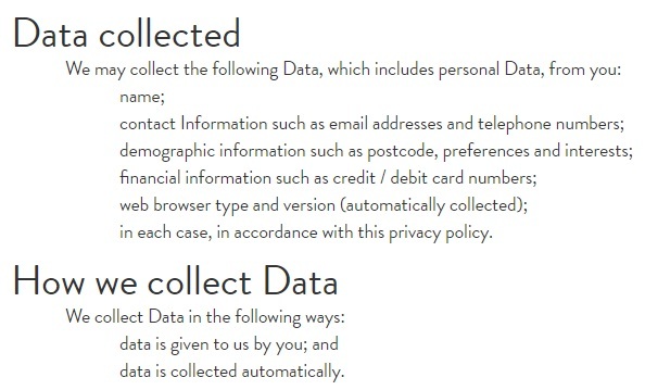 Henry J Socks Privacy Policy: Data Collected and How we Collect Data clauses