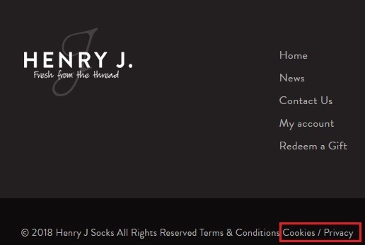 Henry J Socks website footer with Cookies and Privacy link highlighted