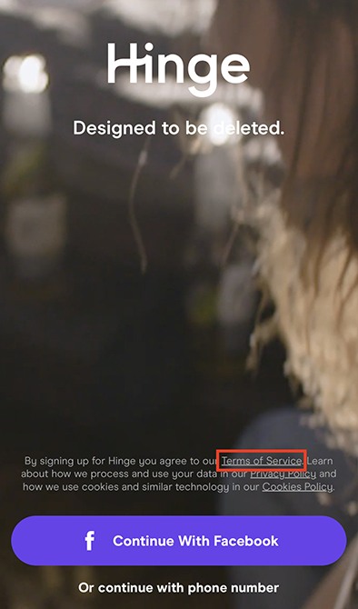 Hinge mobile app sign-up screen with Terms of Service link highlighted