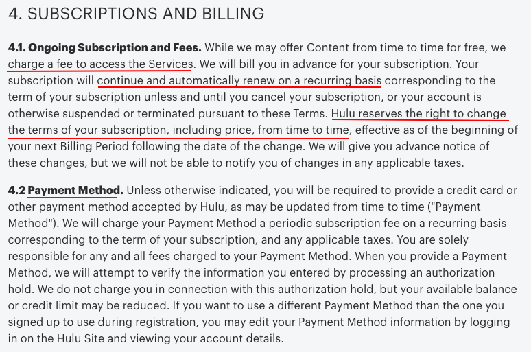 Hulu Terms of Use: Subscriptions and Billing clause