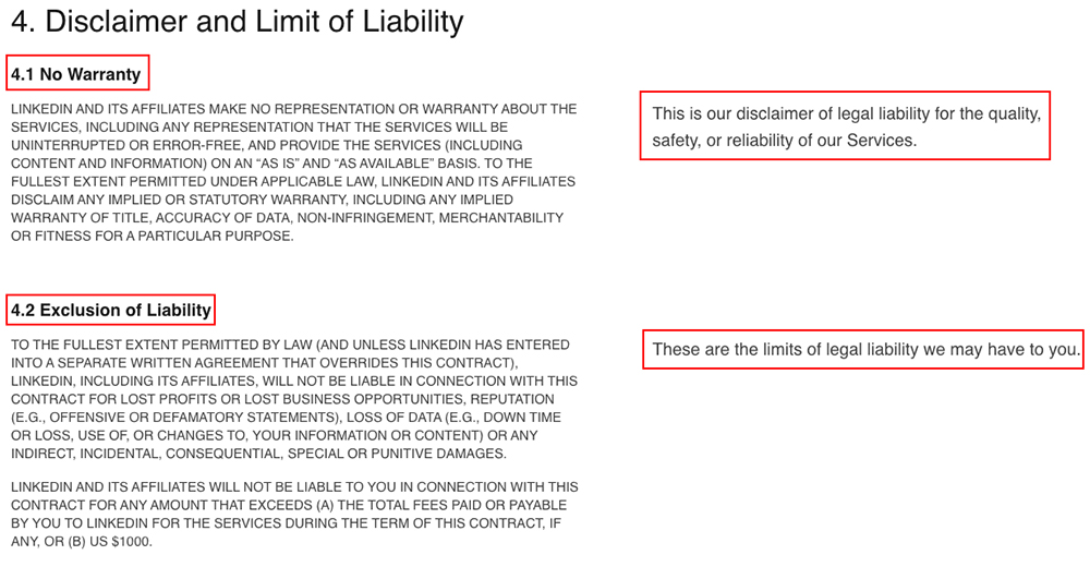 LinkedIn User Agreement: Disclaimer and Limit of Liability clause