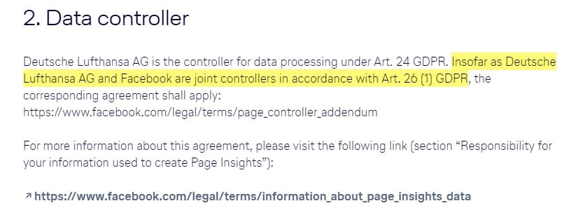 Lufthansa Privacy Policy for the Facebook Page: Data Controller clause