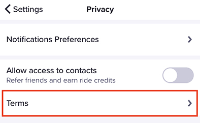 Lyft mobile app: Settings menu - Privacy section with Terms link highlighted