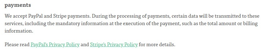 Minipop Privacy Policy: Payments clause