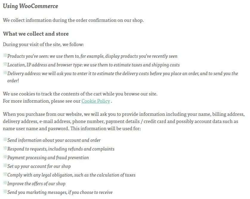 Minipop Privacy Policy: Using WooCommerce clause