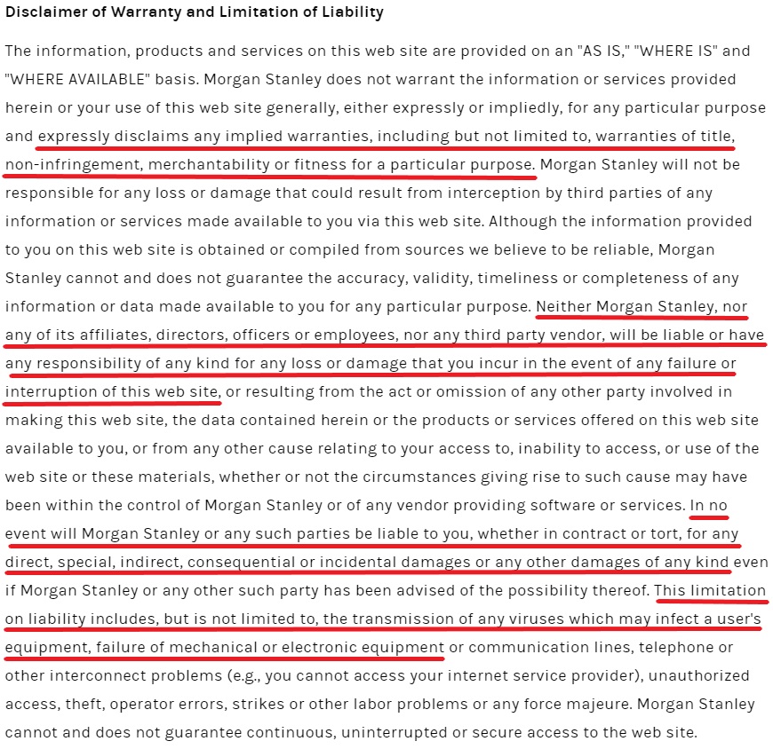 Morgan Stanley Terms of Use: Disclaimer of Warranty and Limitation of Liability clause