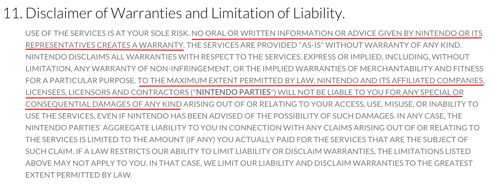 Nintendo Terms of Use: Disclaimer of Warranties and Limitation of Liability