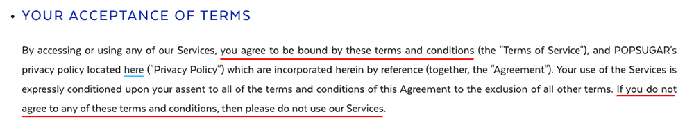 Popsugar Terms of Service: Acceptance of Terms clause