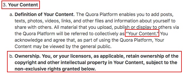 Quora Terms of Service: Your Content and Ownership clause